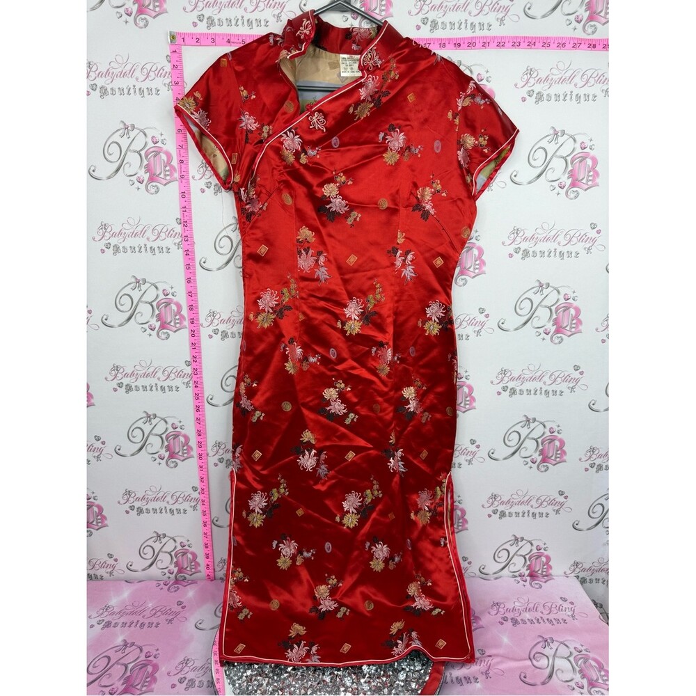Dress Hong Kong Red Floral Satin Chinese Cheongsam Dress